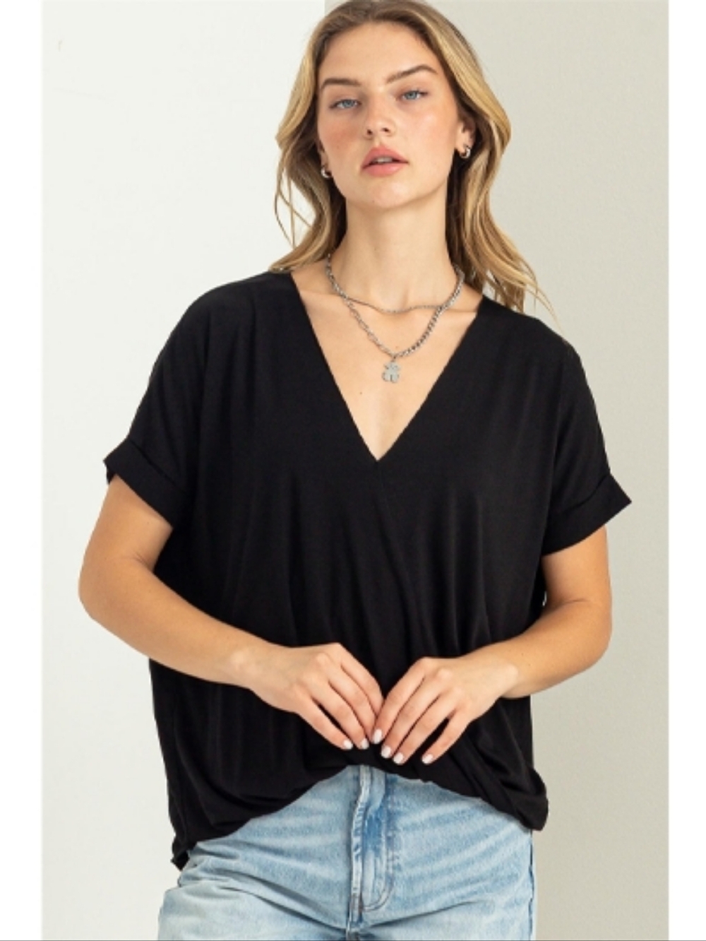 Double Zero Black Surplice Top L